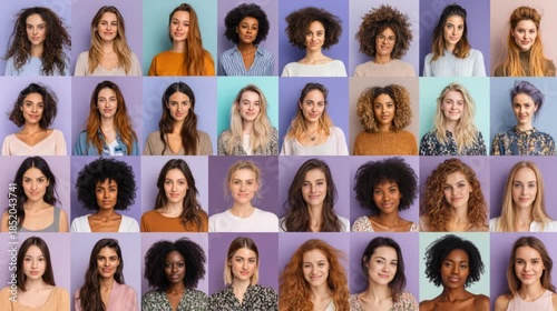 A lot of young and old women are looking at the camera, in the form of a collage. Businessmen, students, looking at the camera, using a video calling app to communicate.