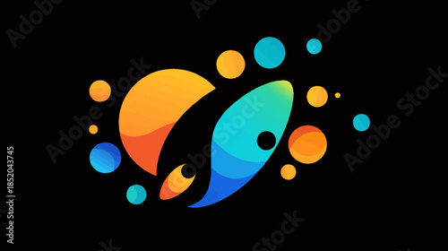 Colorful rocket ship vector illustration on dark blue background for design