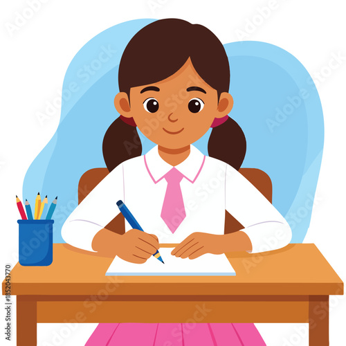 Young girl sitting at desk writing.