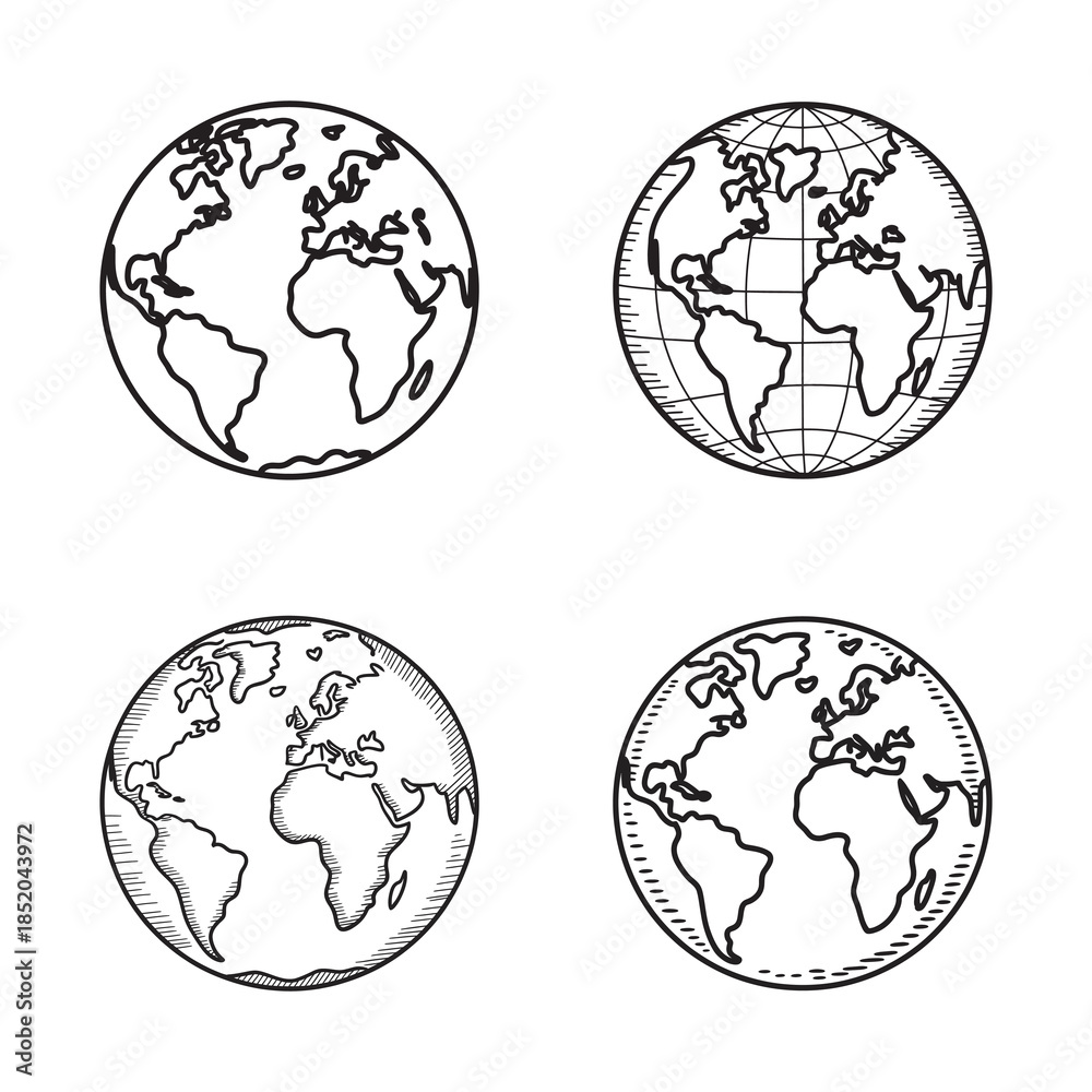 Obraz premium Four hand-drawn illustrations of the planet earth