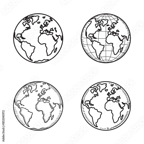 Four hand-drawn illustrations of the planet earth