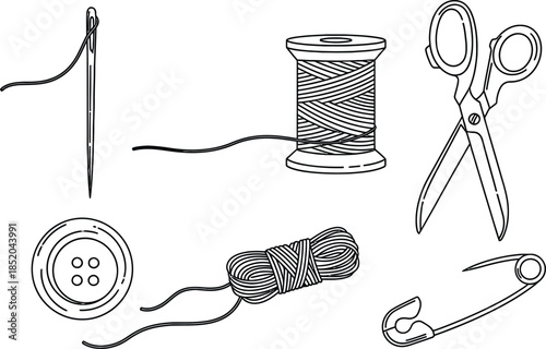 Line art vector set of 6 sewing items needle thread spool scissors button and safety pin