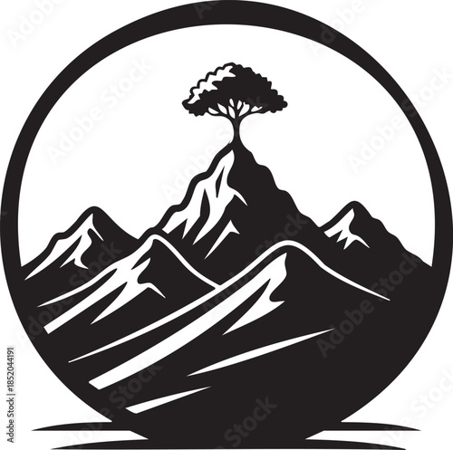 A lone tree atop majestic mountains, framed in a circle, symbolizing nature's resilience
