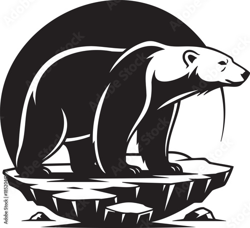 Majestic polar bear standing proudly on an ice floe in a striking black and white vector illustration