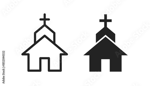 Church icon set. Chapel catholic and cross vector symbol. Spiritual edifice icon. Christian church house icon. Religious building icon. 