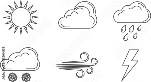 Line art vector set of 6 weather symbols sun cloud rain snow wind and lightning