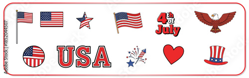 Vibrant 4th of July USA patriotic symbols and icons set