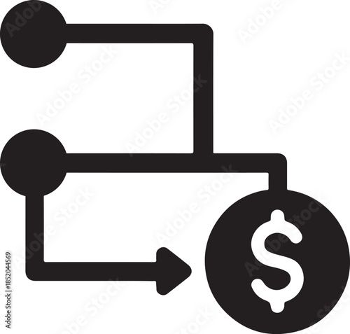 Abstract flow diagram with coin terminal silhouette icon representing fintech routing and digital payments