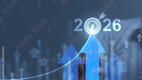 2026 business financial plan market concept, performance of profit growth on 2026, education trend up finance on growth graph money revenue, Businessman analyzes profitability of working