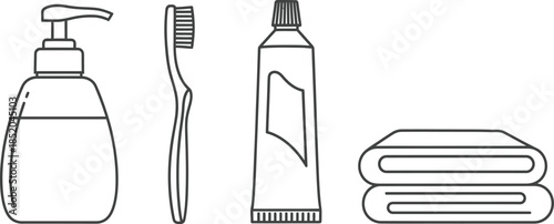 Set of 4 bathroom items outline soap dispenser toothbrush toothpaste tube and towel