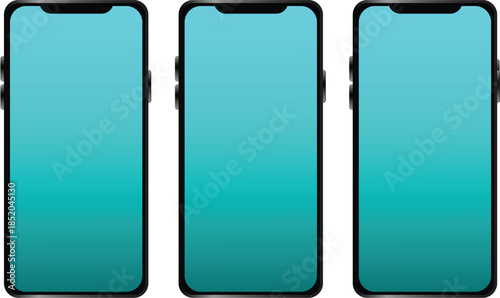 Three smartphones with teal screens and black borders gradient