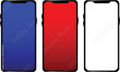 Three smartphones with French flag colors on screens blue white