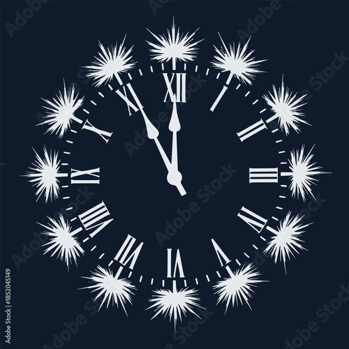 Elegant Starburst Clock Face at Midnight with Roman Numerals on a Dark Background - New Year's Eve Countdown.