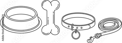 Set of 4 pet accessories outline dog bowl bone collar with tag and leash