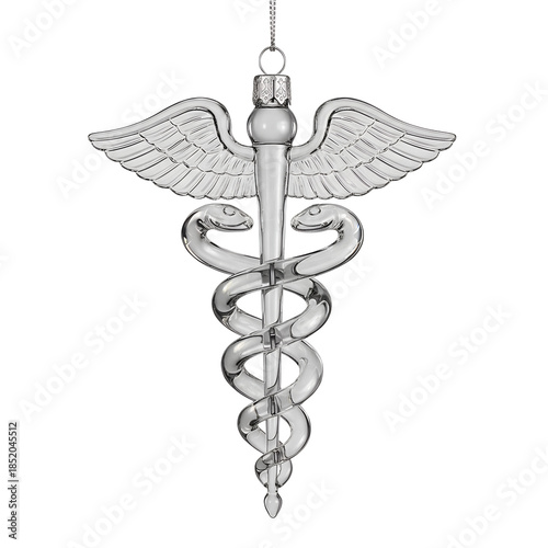 Transparent clear glass caduceus medical symbol, hanging as ornament. Represents healthcare, medicine, hospitals, and elegant professional decor