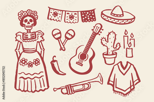 Catrina Mexican Fiesta Doodle Outline Vector Illustration set