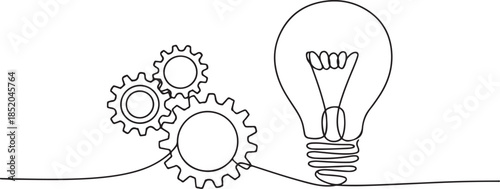 Single continuous line symbol of machine wheel gears and light bulb vector illustration.one line  vector illustration  with out background