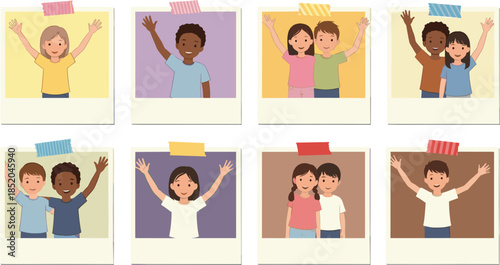 Happy children photo frames collection with diverse kids waving and smiling, cute childhood memories and friendship vector illustration