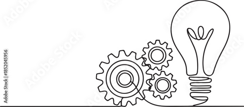 Single continuous line symbol of machine wheel gears and light bulb vector illustration.one line  vector illustration  with out background