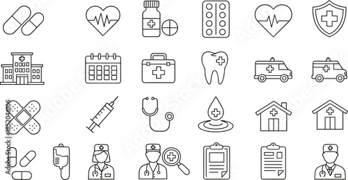Healthcare and medical line icons set with hospital doctor ambulance medicine and emergency symbols, clean outline vector illustration