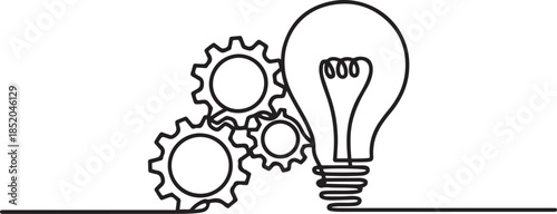 Single continuous line symbol of machine wheel gears and light bulb vector illustration.one line  vector illustration  with out background