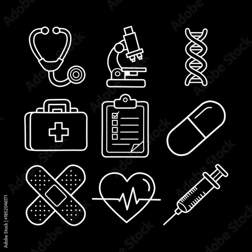medical, healthcare, icon, symbol, white on black, dark mode, inverted, chalkboard, chalk style, night, hospital, doctor, stethoscope, syringe, pill, medicine, first aid, bandage, heart, microscope, d