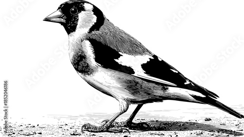 Black and white illustration of a detailed bird with intricate plumage