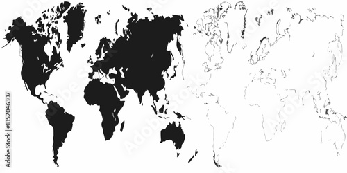 A stark black and white silhouette depicts a world map with visible continents