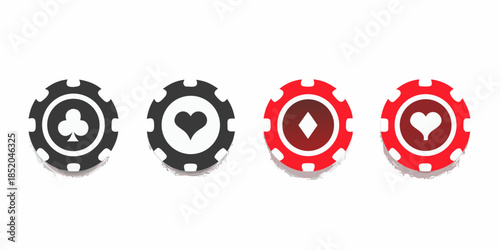 Four casino chips with different card suits and colors are displayed