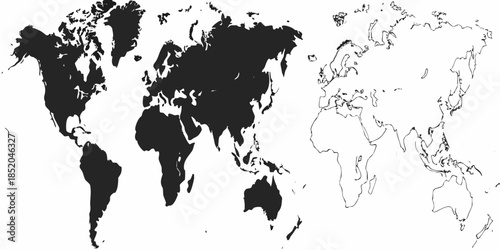 A black and white illustration depicting a world map with landmasses