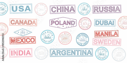 Colorful collection of travel stamps representing various countries around the world