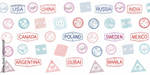 Collection of colorful travel stamps representing various countries around the world