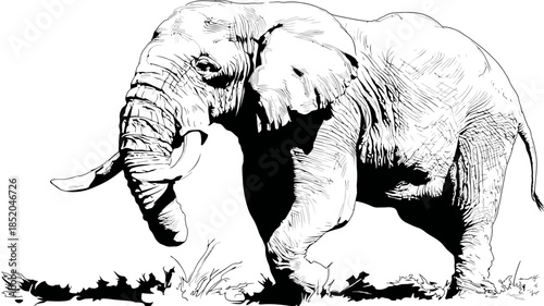 Black and white illustration of an elephant walking isolated on white background