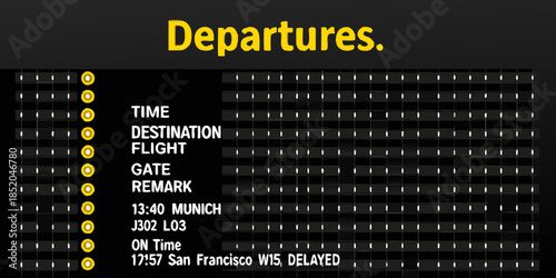 Airport departures board displaying flight information times and gate details