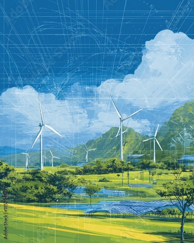 Illustration of modern wind turbines and solar panels in a vibrant green landscape with blue skies