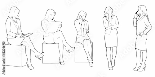 Line art illustration of five women in business attire posed in various stances