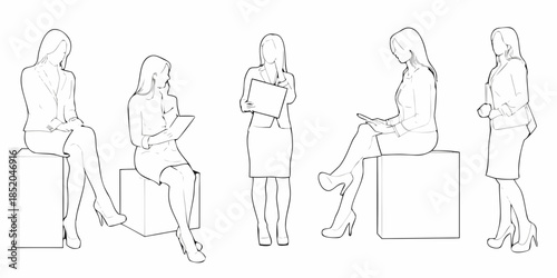 Five women in business attire shown in various seated and standing poses