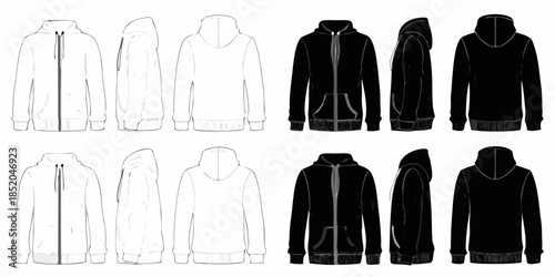 Fashion technical illustration of white and black zip up hoodies in various views