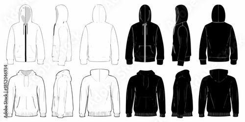 Technical fashion illustration of various black and white hooded sweatshirts and jackets