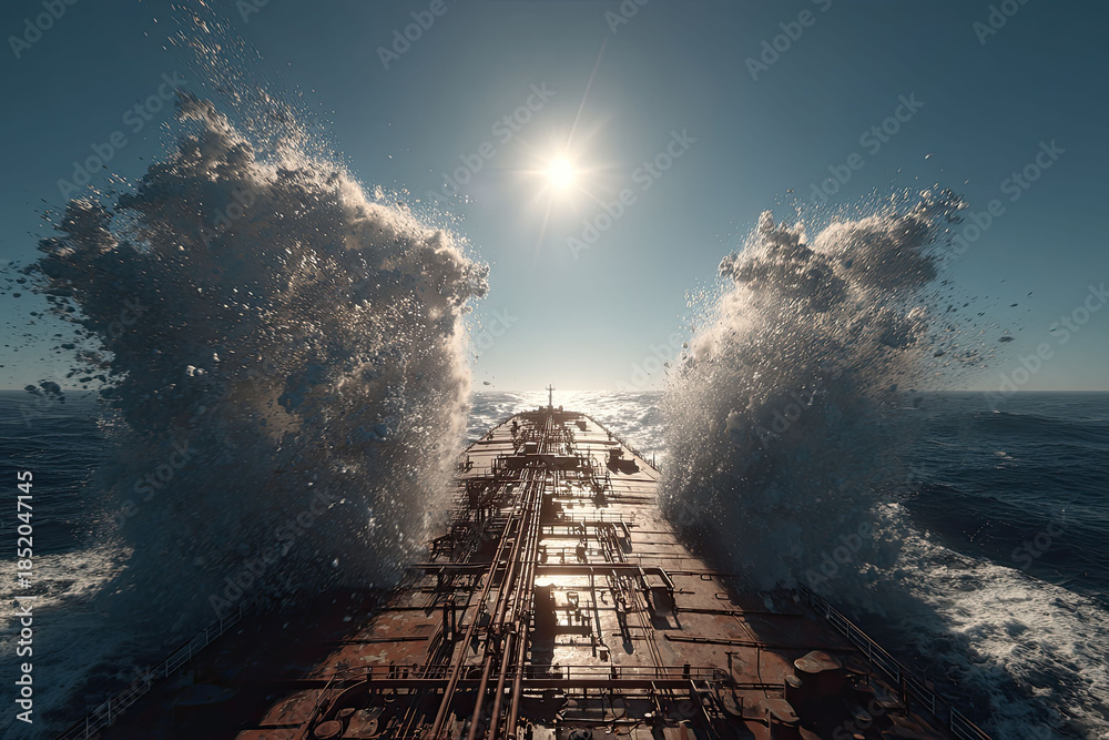 Fototapeta premium The tanker was caught in a severe storm. The waves were terrible. The vessel was rocking heavily.