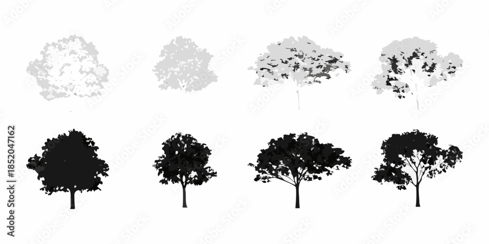 Fototapeta premium Variations of tree shapes and silhouettes in grayscale and black