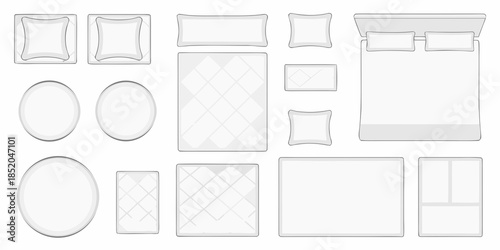 A collection of bedroom furniture items displayed in a simple top down view