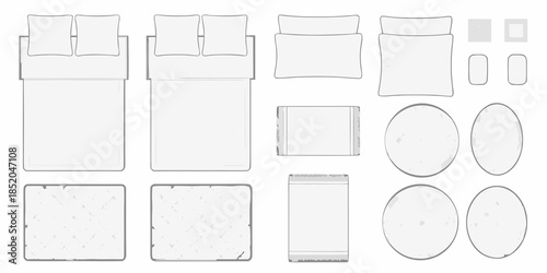 A top down view of bedroom furniture layout with beds pillows and accessories