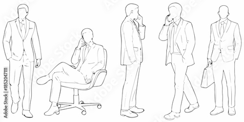 Outline of four businessmen in suits depicted in various poses and stances