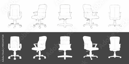 Line drawings showcasing various office chair designs in different perspectives