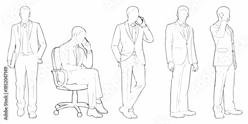 Line art illustration of businessmen in suits with various phone postures