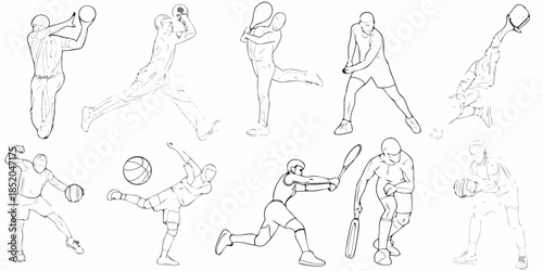Sketch of athletic figures engaged in various sports activities and dynamic poses