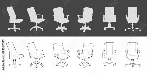 Illustrative depiction of office chairs in various styles and perspectives
