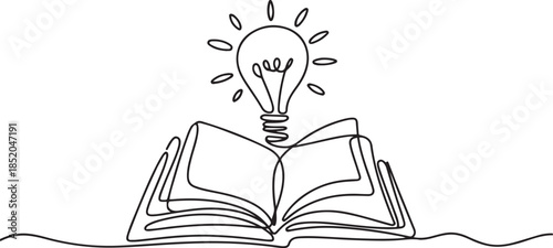 Open textbook with shining light bulb continuous one line icon drawing.one line  vector illustration  with out background