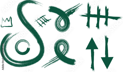 Green swirly brush stroke symbols isolated on transparent background